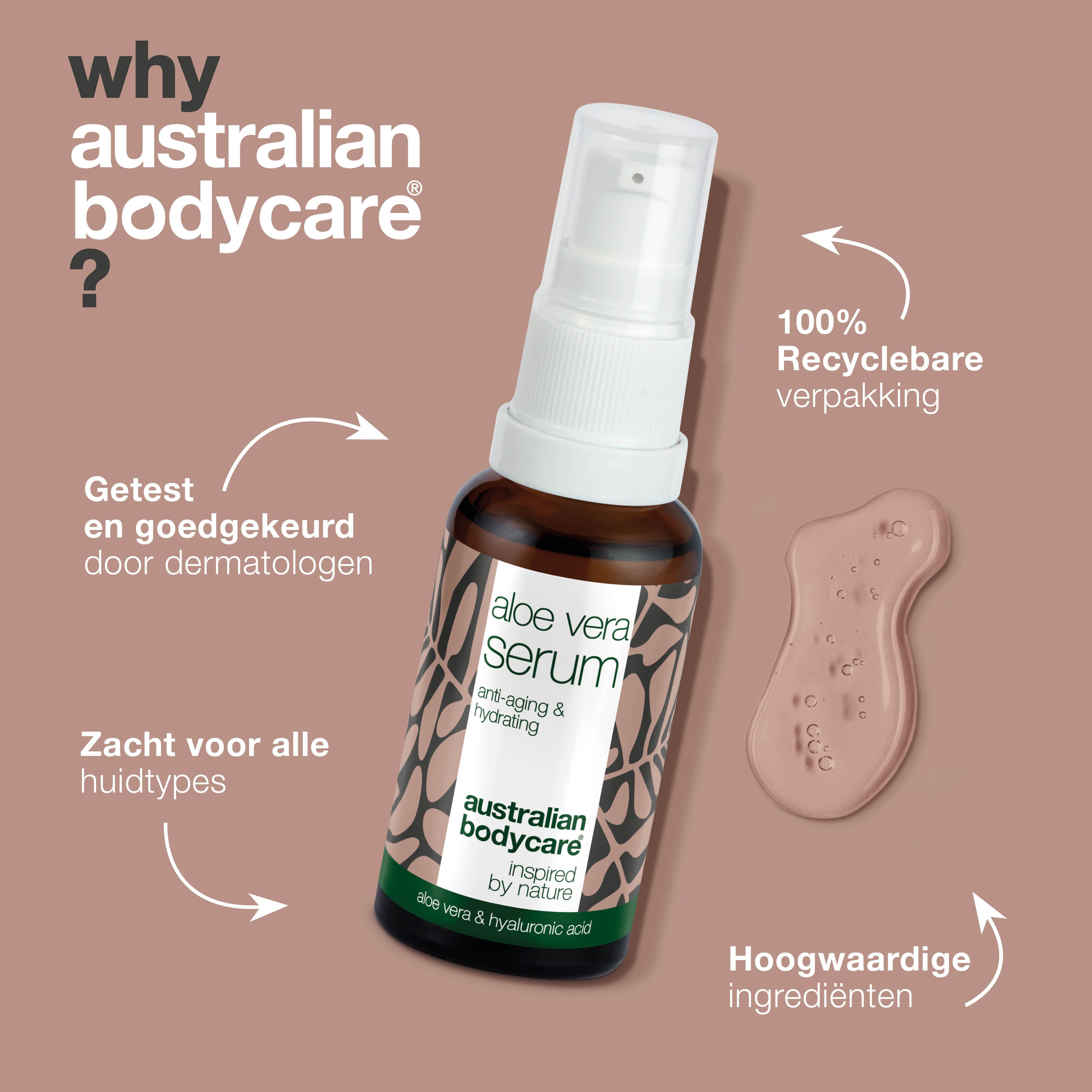 Fles serum. Tekst: Waarom Australian Bodycare? Productnaam: Aloe Vera Serum. Bruine fles met pomp.