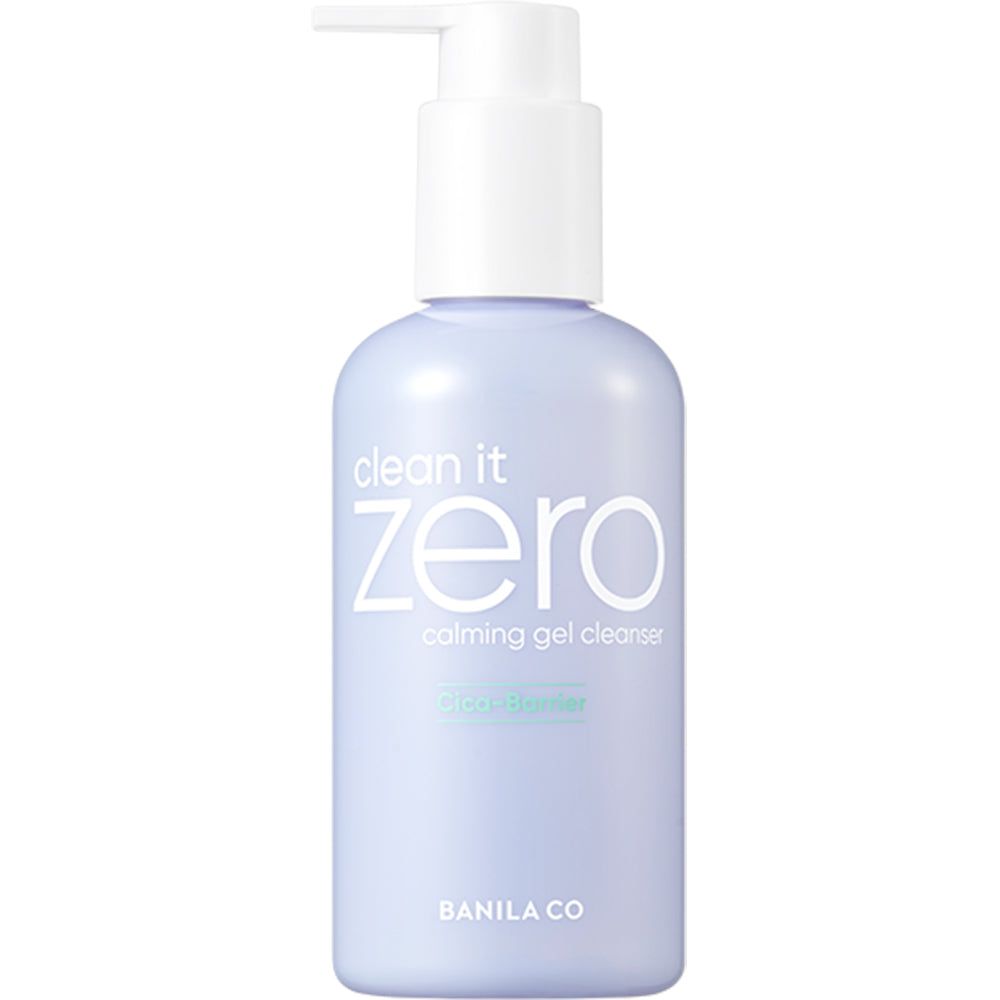 Lichtpaarse fles met pomp. Opschrift: Clean it Zero, Calming Gel Cleanser.