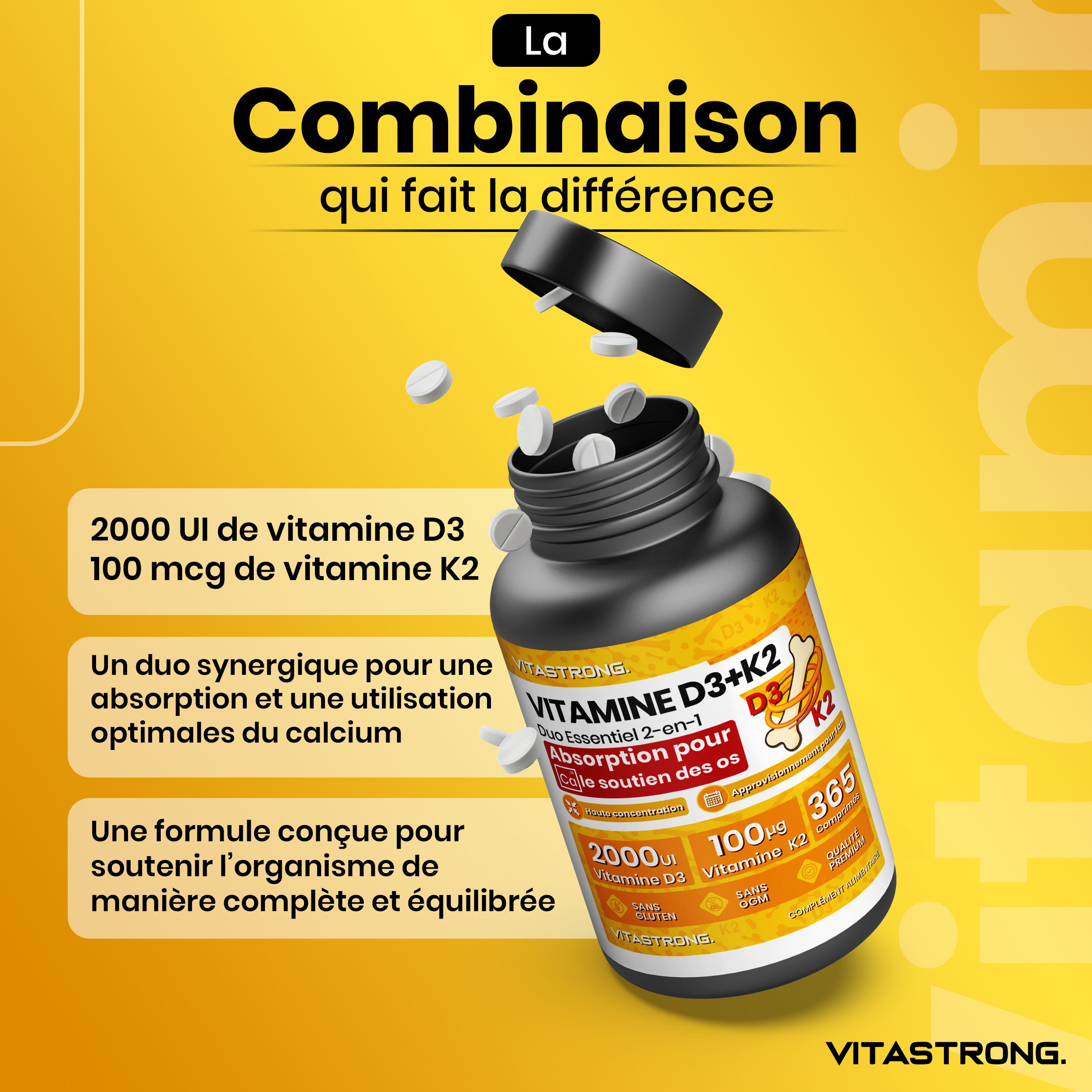 Gele achtergrond met fles Vitastrong Vitamine D3 + K2. Tekst: 2000 IE D3, 100 µg K2. Zonder lactose, gluten, GMO.