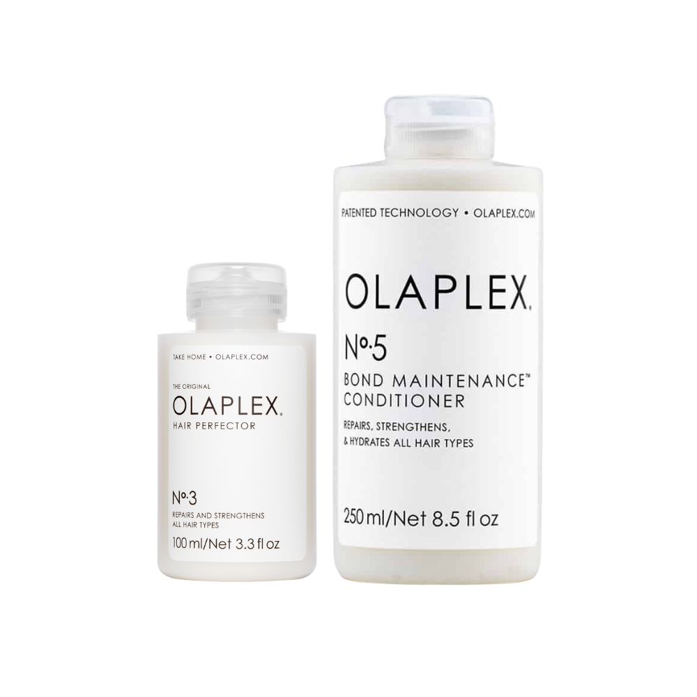 Deux flacons blancs. Le plus petit porte l'inscription "Olaplex No.3 Hair Perfector", le plus grand "Olaplex No.5 Bond Maintenance Conditioner".