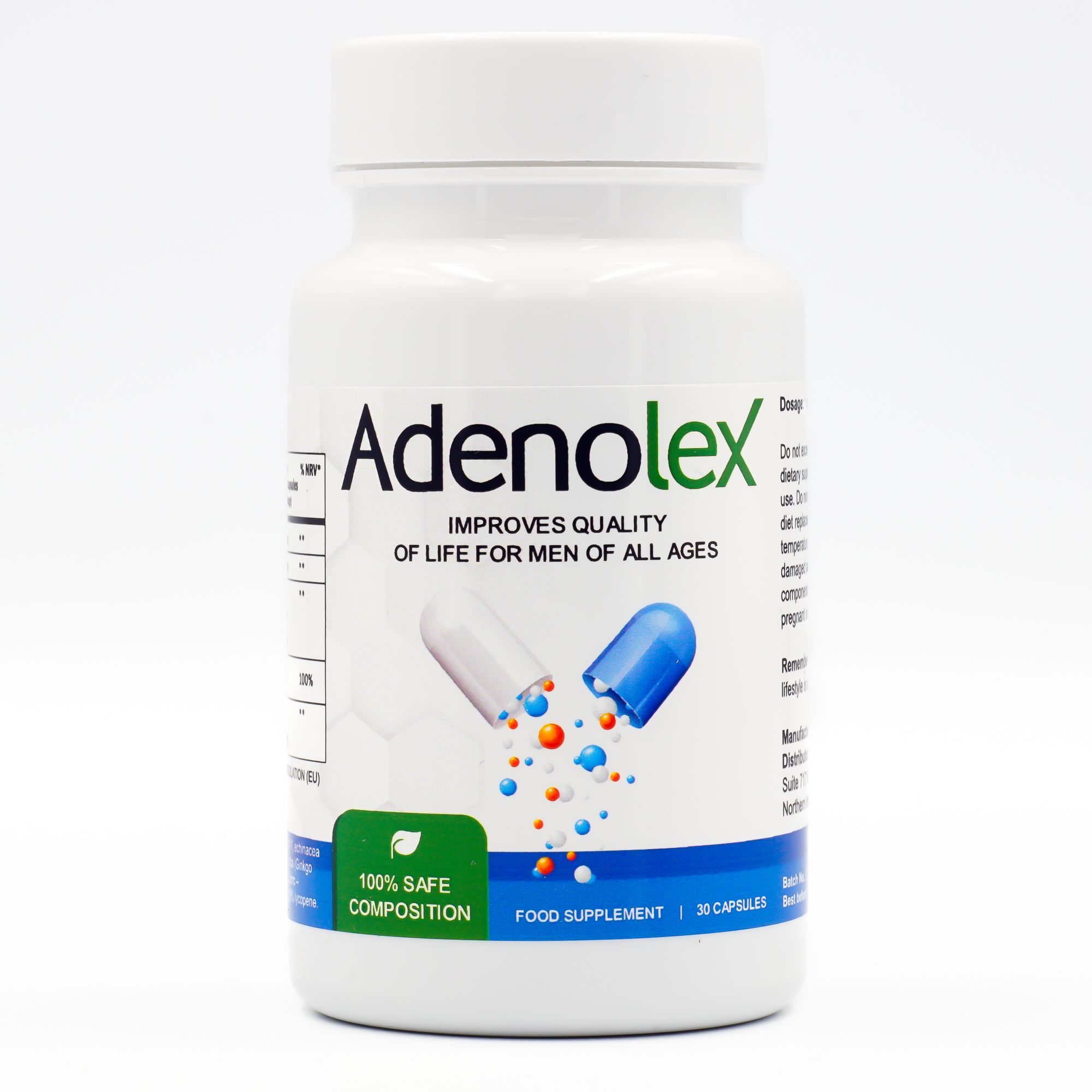 Flacon blanc avec design de gélule bleue et blanche. Texte: Adenolex, Improves quality of life for men of all ages. 30 gélules.