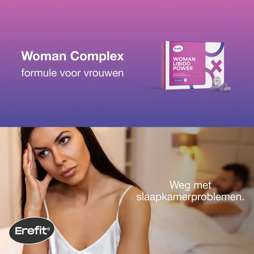 Vrouw met hoofdpijn. Verpakking Woman Complex. Opschrift: Woman Complex, formule voor vrouwen. Tekst.
