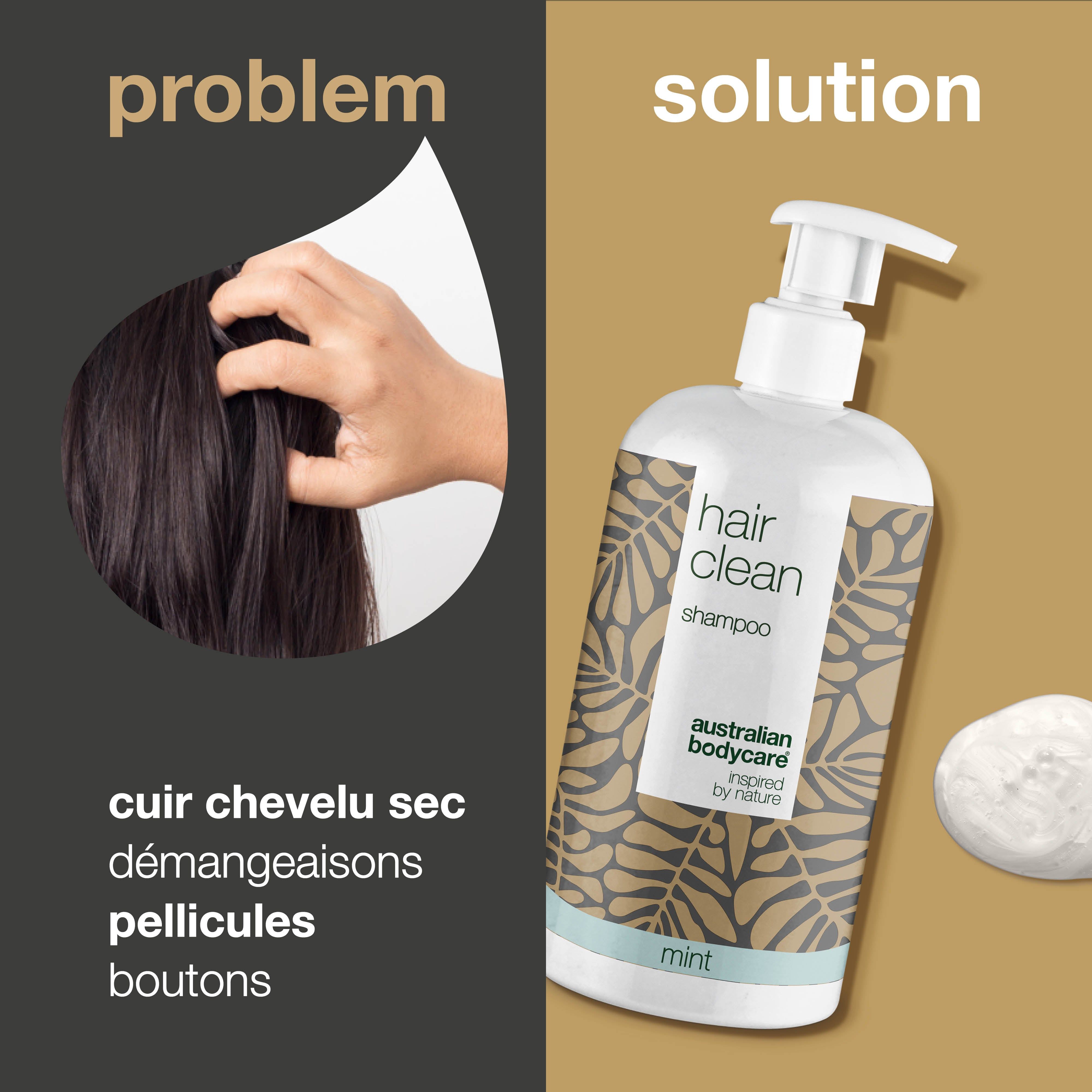 Concept problème-solution. Flacon de shampooing à côté de texte et d'une main avec des cheveux. Inscription : Hair Clean, Australian Bodycare, Mint.