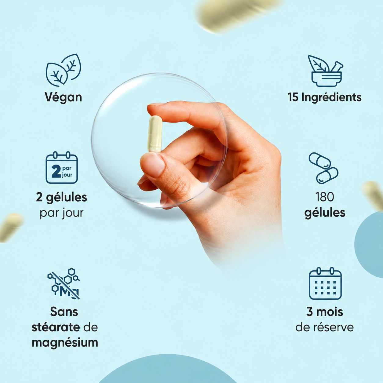 Une main tient une gélule jaune. Informations sur les ingrédients et la posologie visibles.