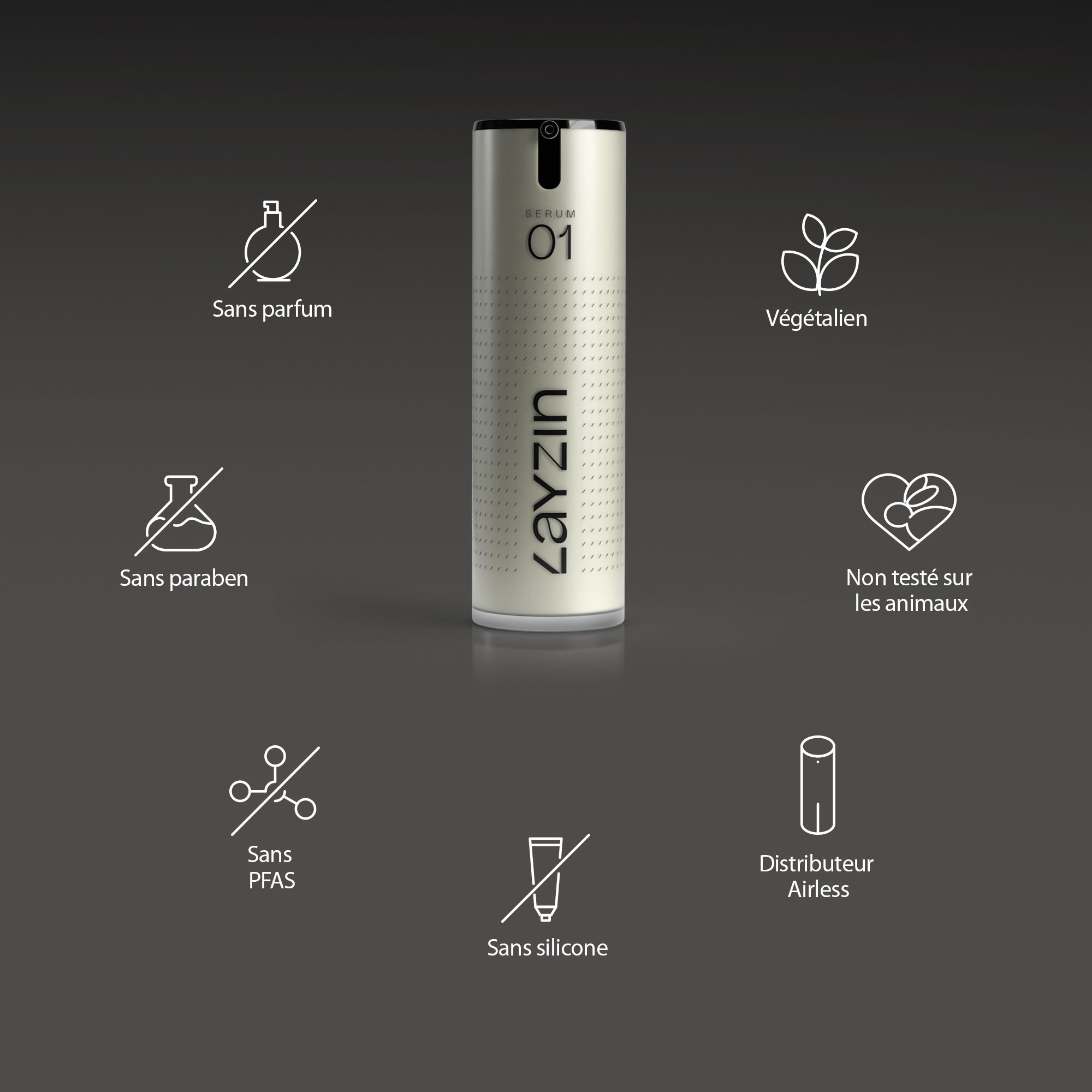 Homme utilisant Serum 01. Inscription : Layzin, Serum 01. Flacon doré. Texte : Application.