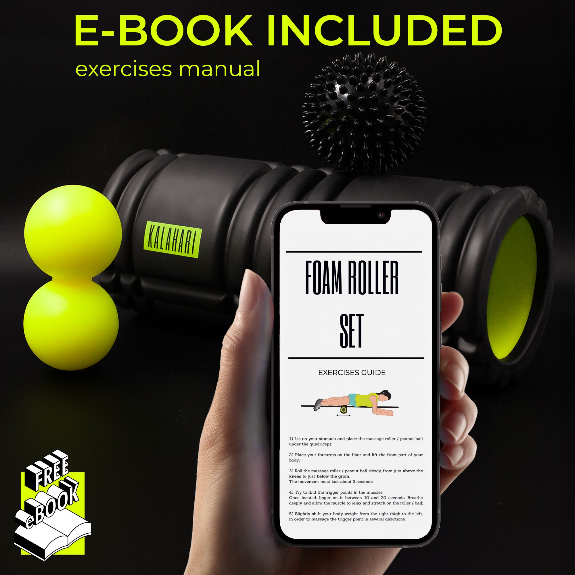 Fascia roller set met e-book op smartphone. Gele roller, stekelbal, duoball.