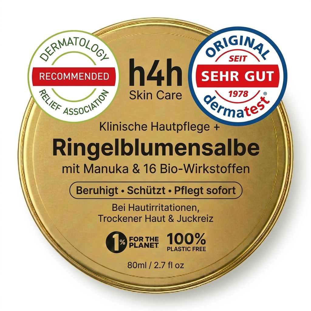 Boîte ronde dorée. Inscription: Ringelblumensalbe mit Manuka. Sceaux: Dermatest, Dermatology Relief Association.