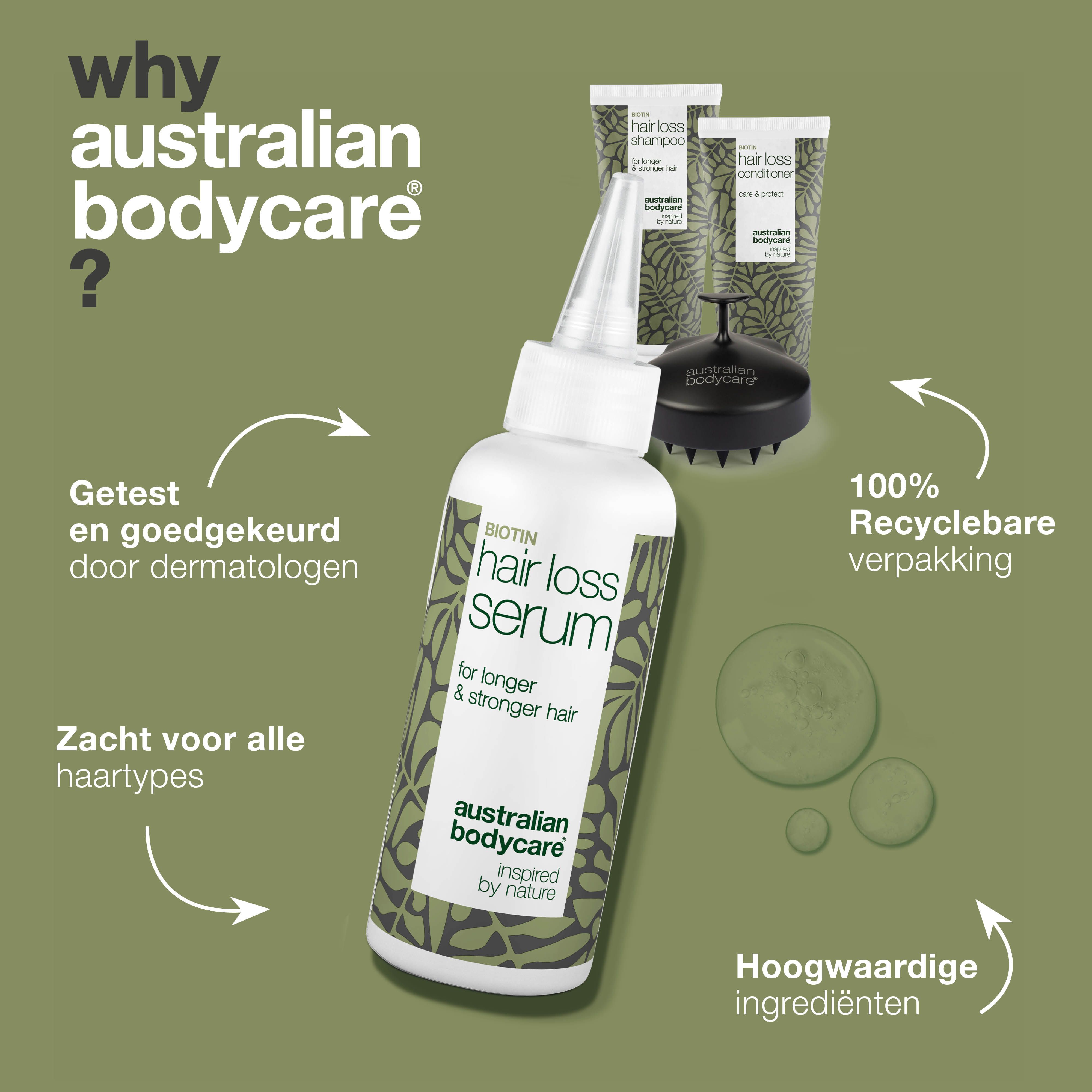 Serumfles, shampoo, conditioner en hoofdhuidborstel. Tekst: Hair Loss Serum. Verpakking 100% recyclebaar.