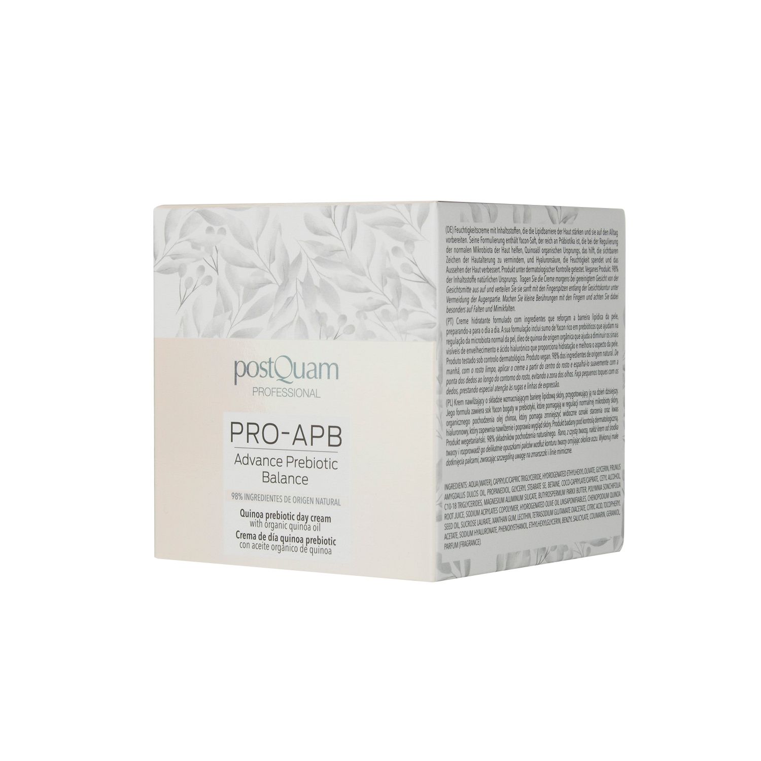 Doos met opschrift: PRO-APB Advance Prebiotic Balance. Merk: postQuam. Tekst: Quinoa prebiotic day cream. Verpakking met bladerenpatroon.