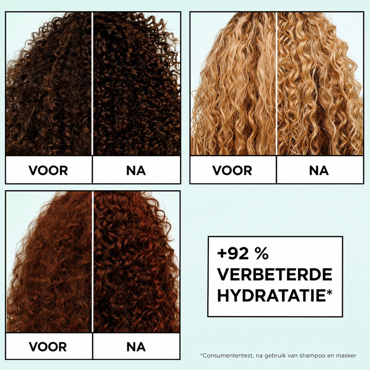 Voor-en-na vergelijking van krullend haar met hydratatie.