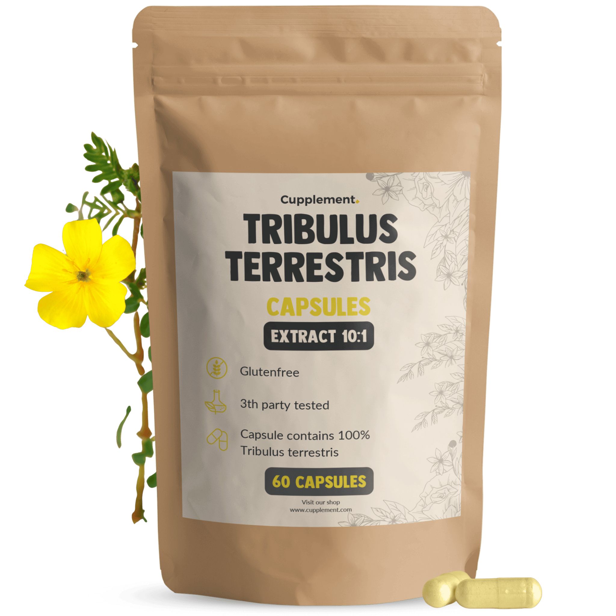 Zakje met capsules. Opschrift: Tribulus Terrestris Capsules, Extract 10:1. 60 capsules. Glutenvrij, 3rd party tested.