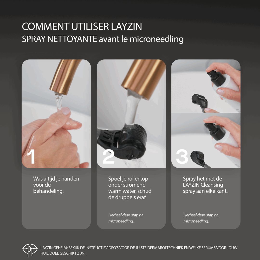 Instructions pour utiliser le spray nettoyant LAYZIN avant le microneedling. 3 étapes.