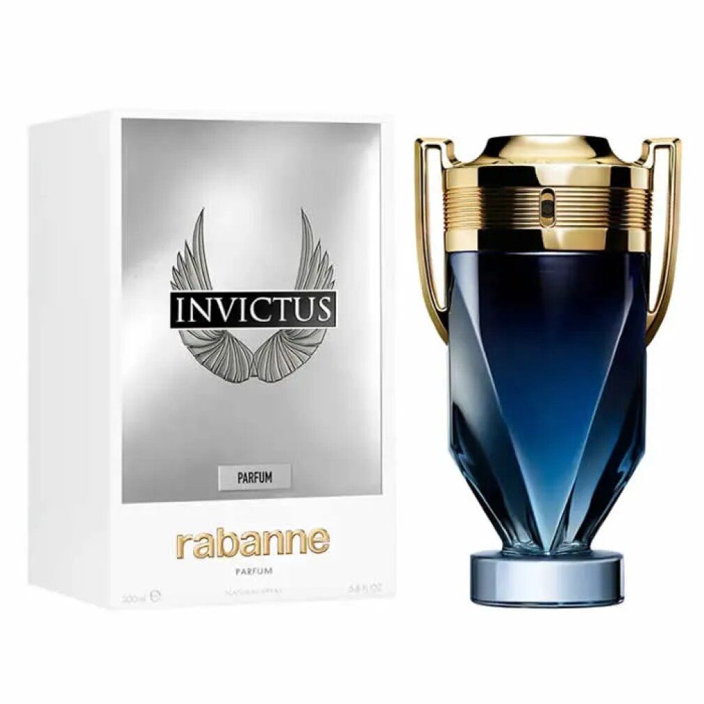 Invictus parfumflesje naast witte doos. Doos met logo, opschrift Invictus en Rabanne. Flesje met gouden dop.