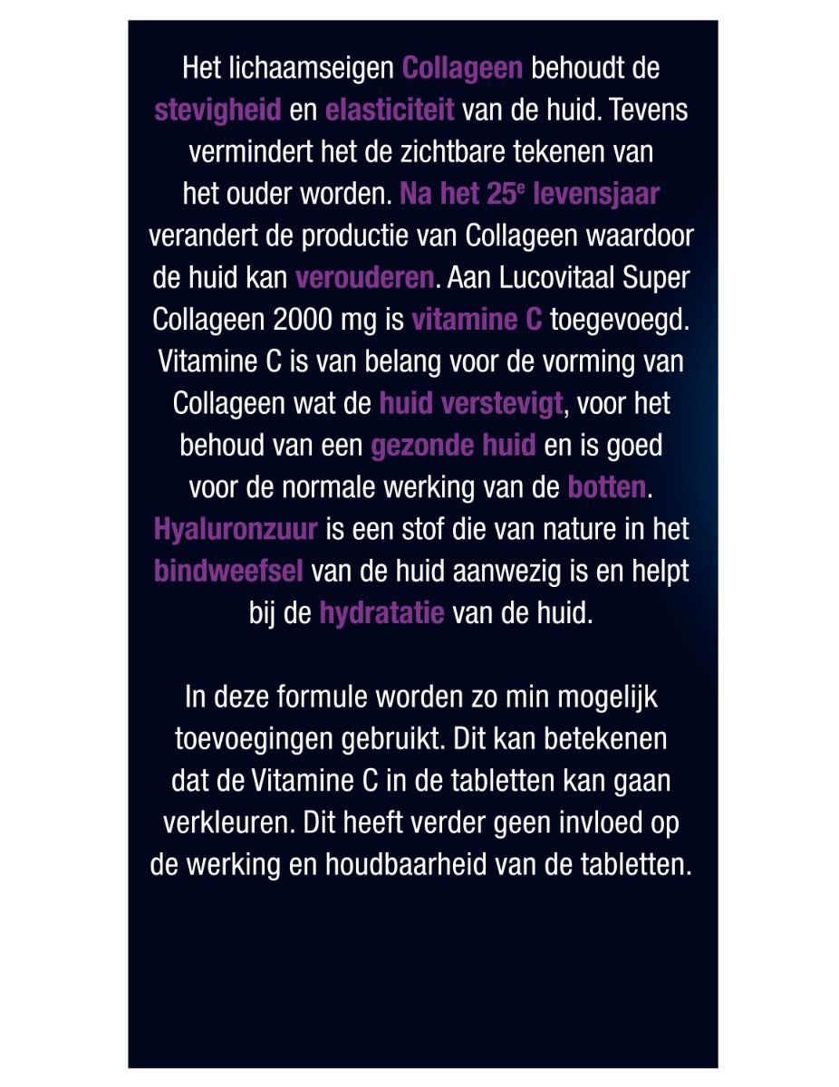 Texte sur l'emballage décrivant les bienfaits du collagène et de l'acide hyaluronique. Contient des informations sur la vitamine C.