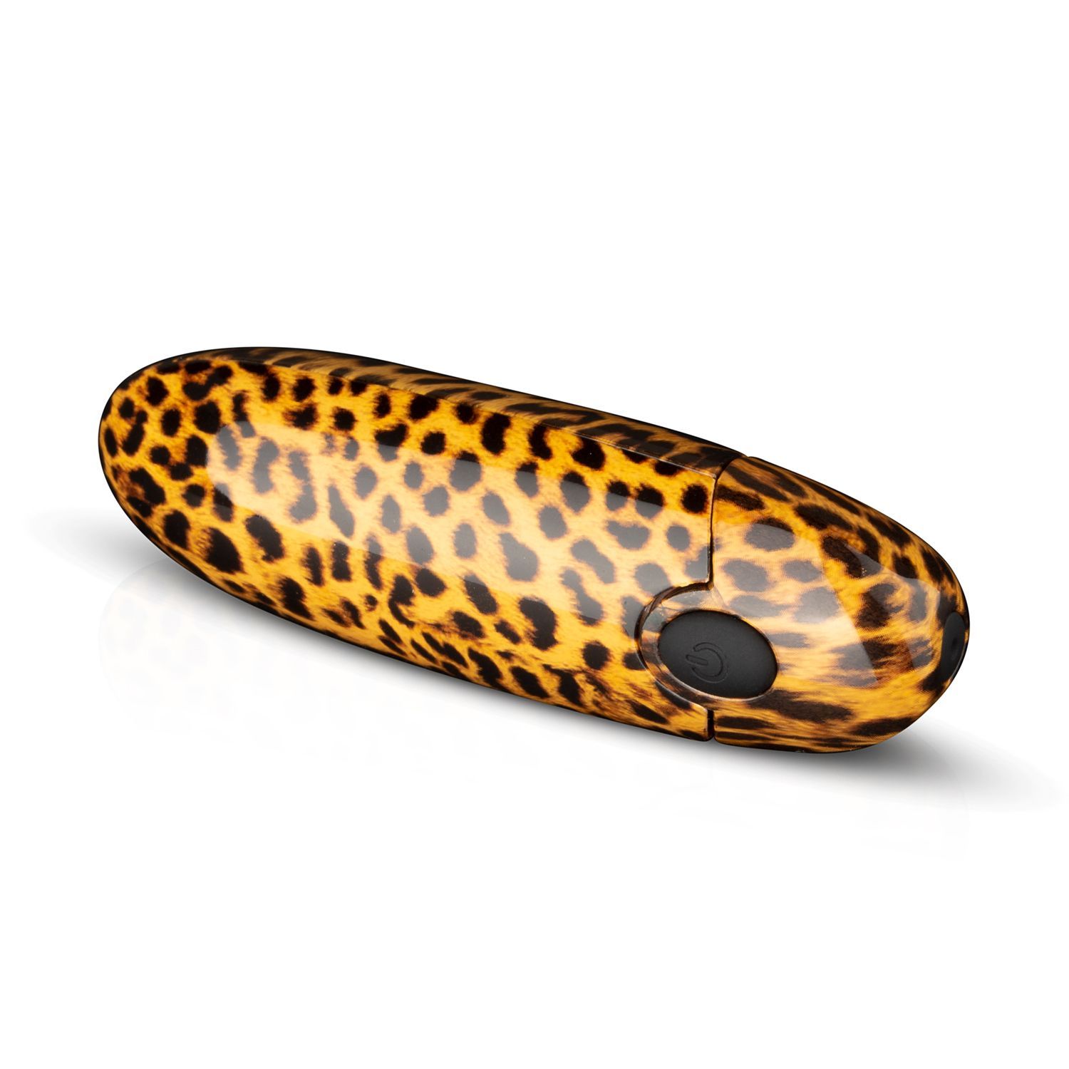 Vibrator met luipaardprint. Ovale vorm. Zwarte knop. Op witte achtergrond.
