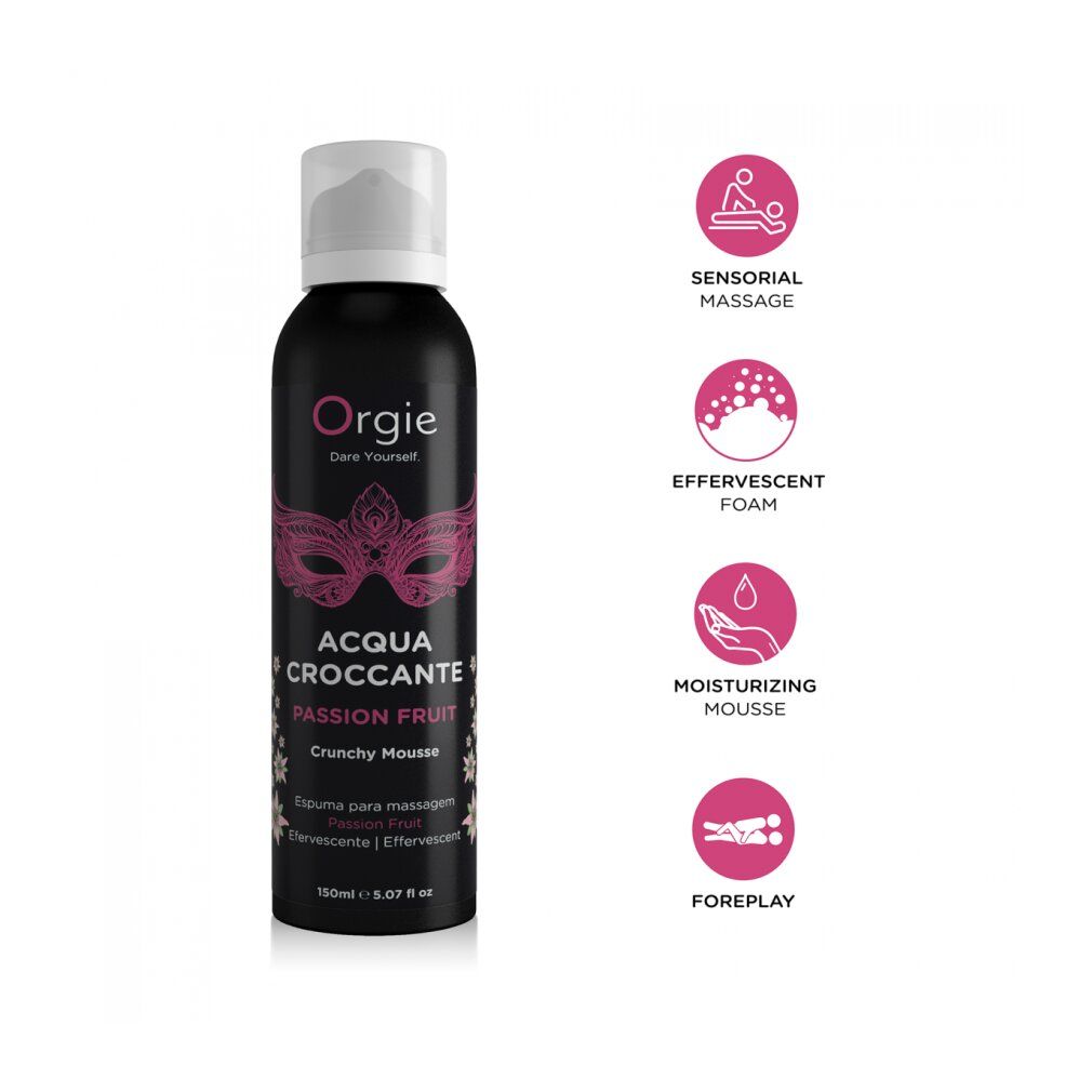 Orgie Acqua Croccante Passievrucht 150 ml met iconen voor massage, schuim, hydratatie en voorspel.