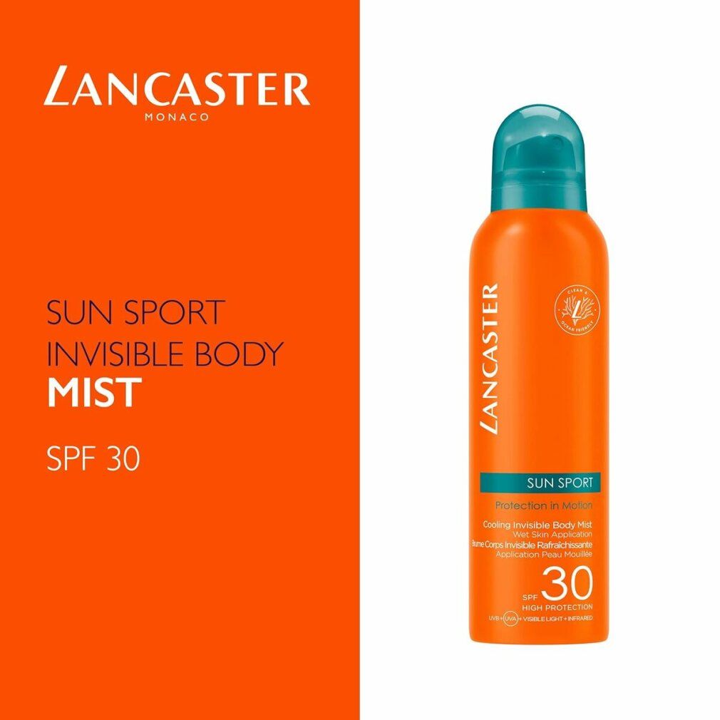 Lancaster Sun Sport Invisible Body Mist SPF 30 dans une bouteille orange avec bouchon turquoise.