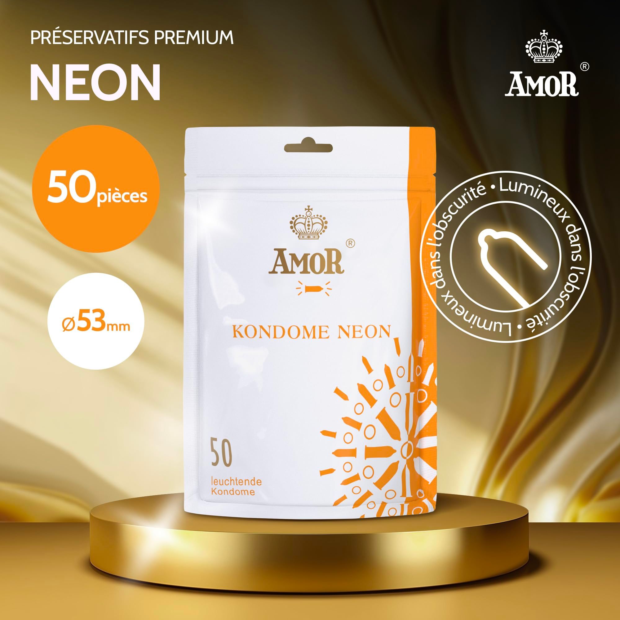 AMOR Kondome Neon, 50 pièces, Ø 53mm. Lumineux dans l'obscurité.