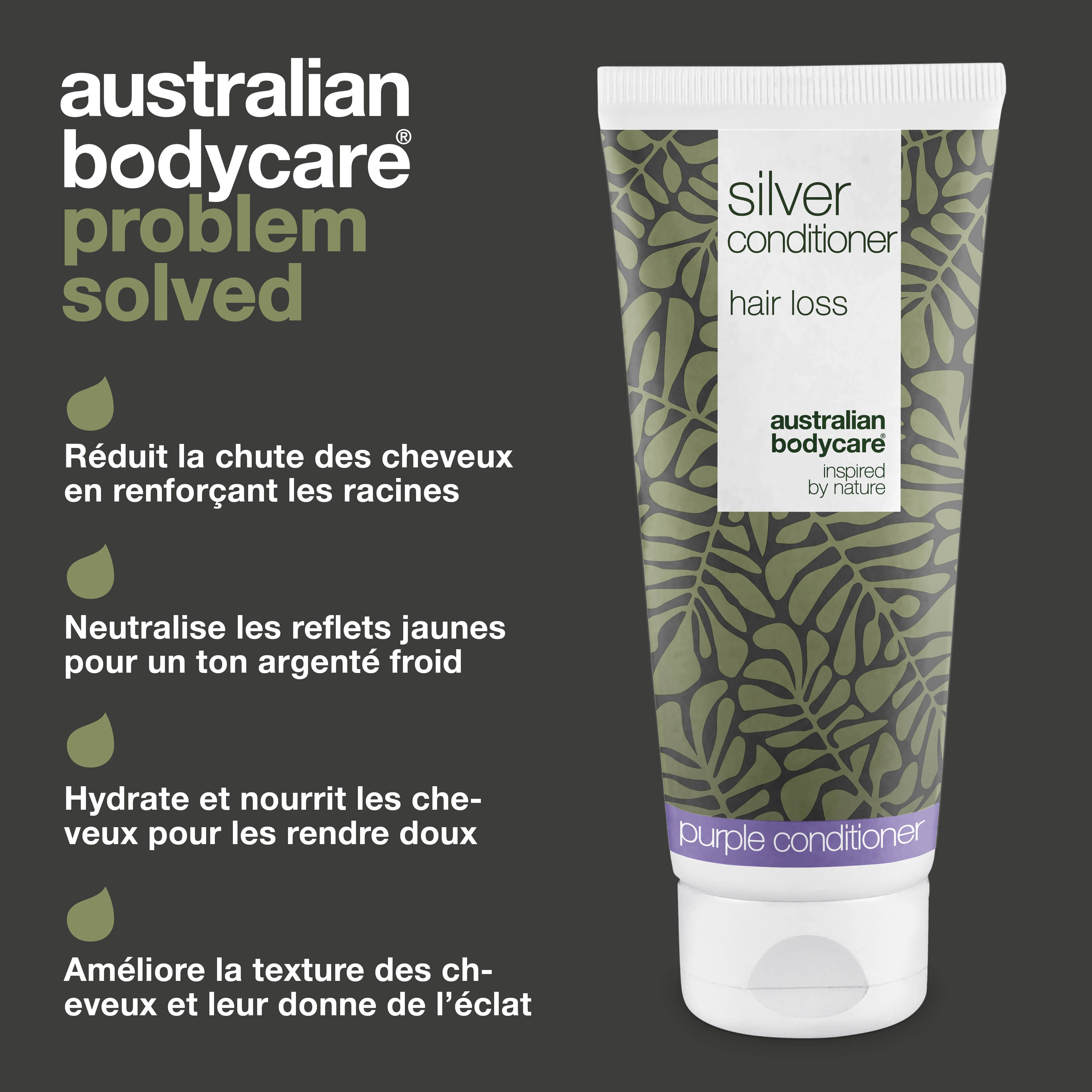 Tube de revitalisant. Texte : Silver Conditioner, perte de cheveux. Marque : Australian Bodycare. Texte : Problème résolu.