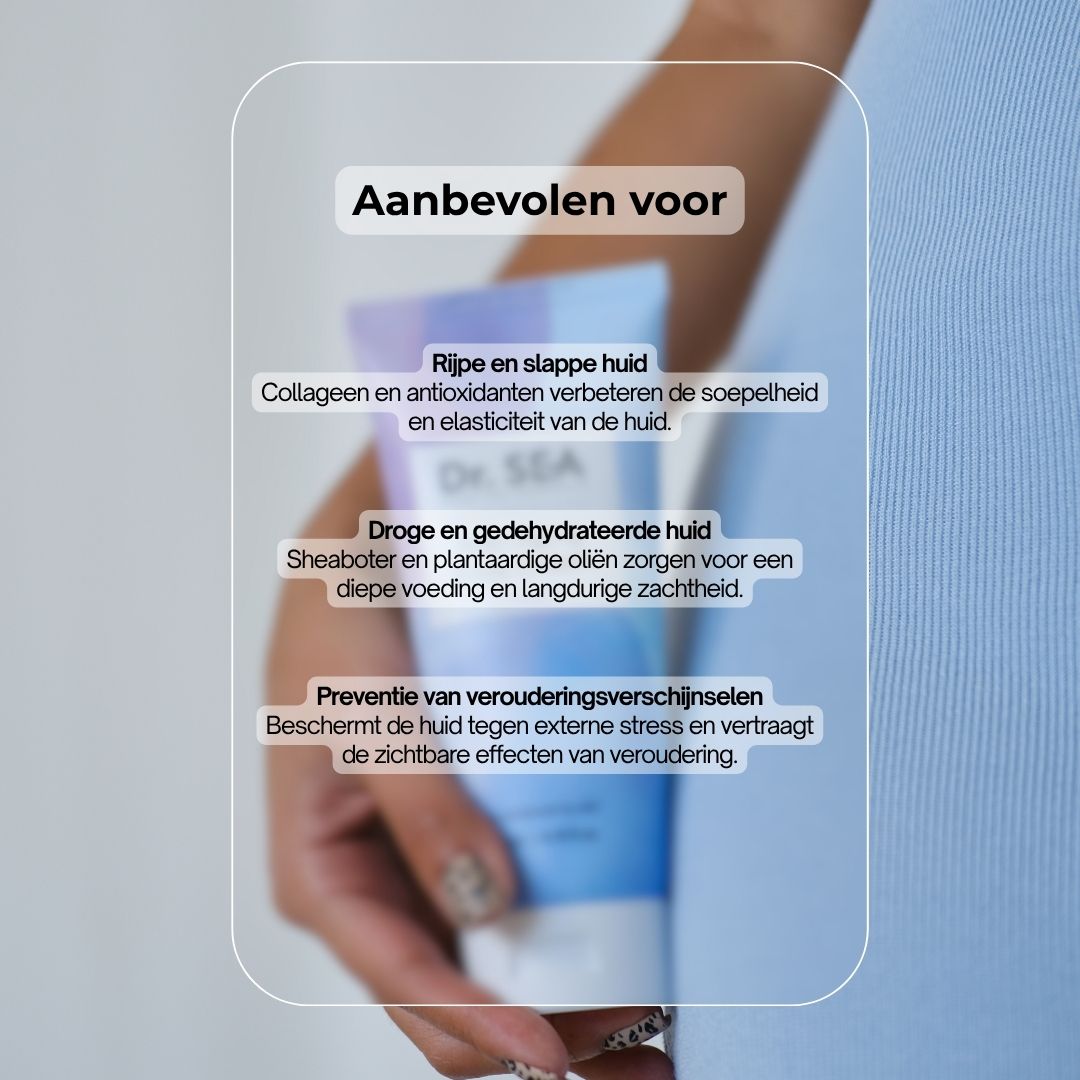 Vrouw houdt crèmetube vast. Tekst: "Dr. SEA Anti-Aging Body Cream". Aanbevolen voor rijpe, droge huid.