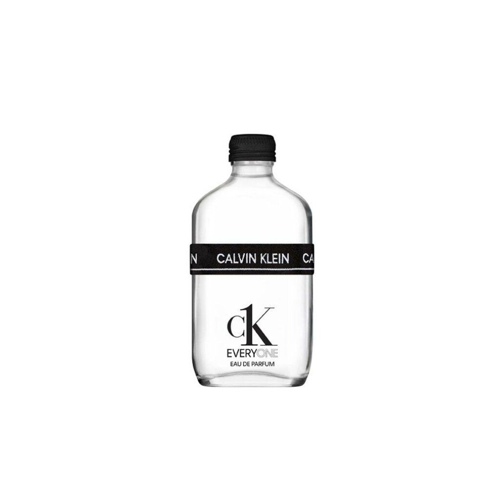 Flacon transparent avec bouchon noir et bande "CALVIN KLEIN". Inscription "ck EVERYONE EAU DE PARFUM".