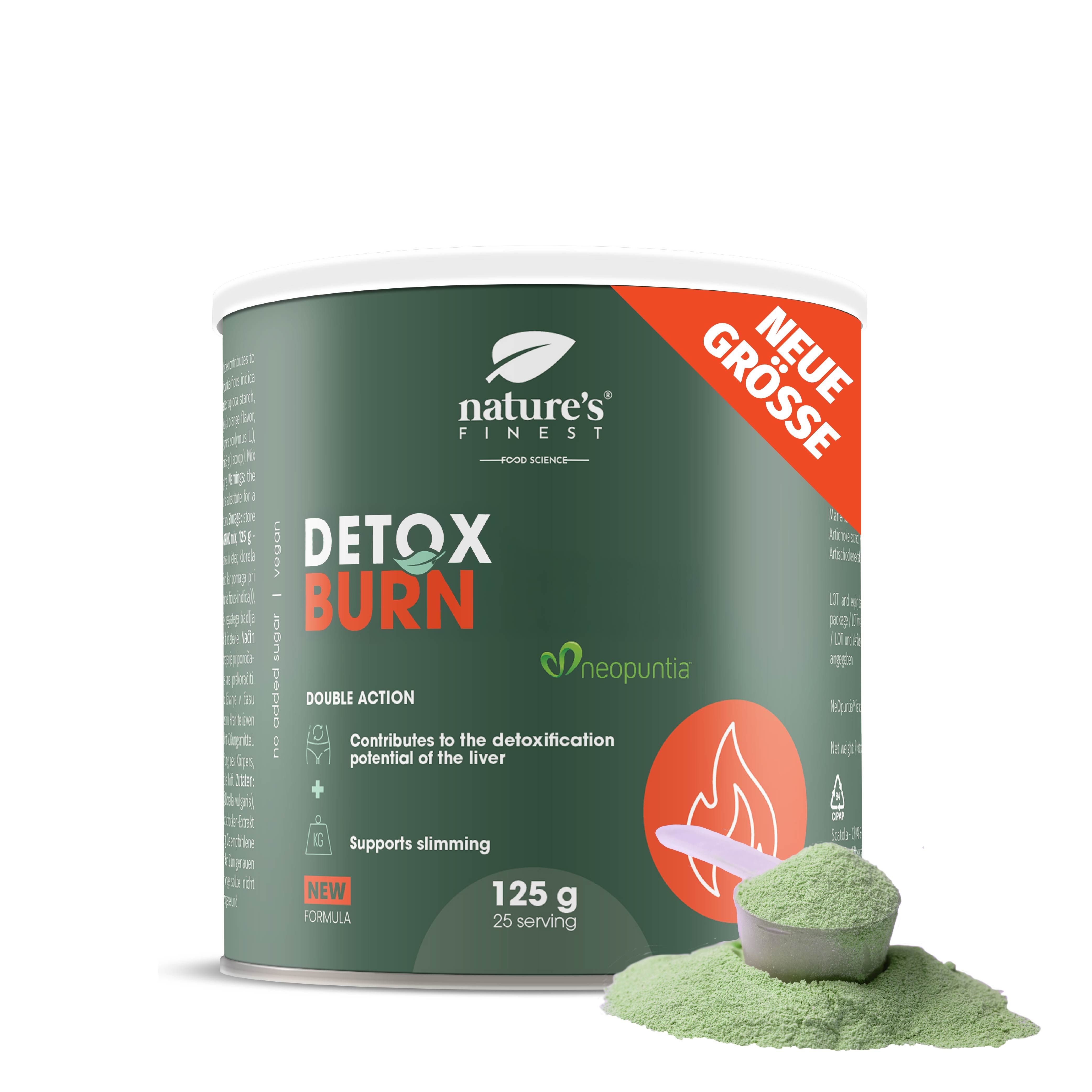 Groene pot met 'Detox Burn'. Bevat 125g. Met 'Nieuwe maat' sticker.
