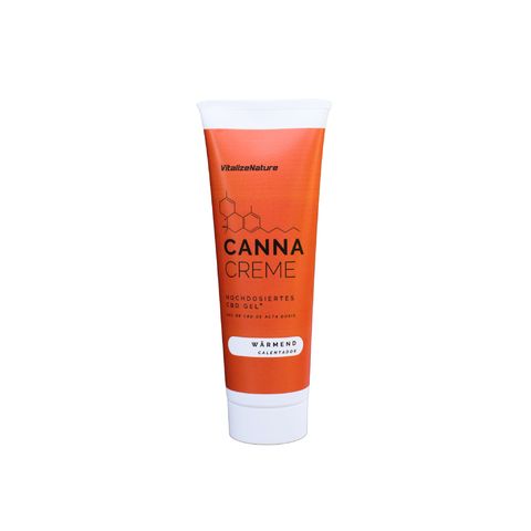 Tube orange avec bouchon blanc. Texte : Canna Creme, chauffant, gel CBD.