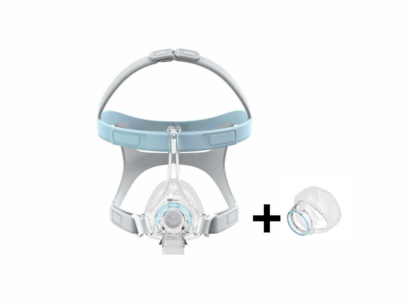 Masque nasal et coussin de rechange. Gris clair et bleu clair. Masque avec harnais et coussin nasal. Coussin de rechange.