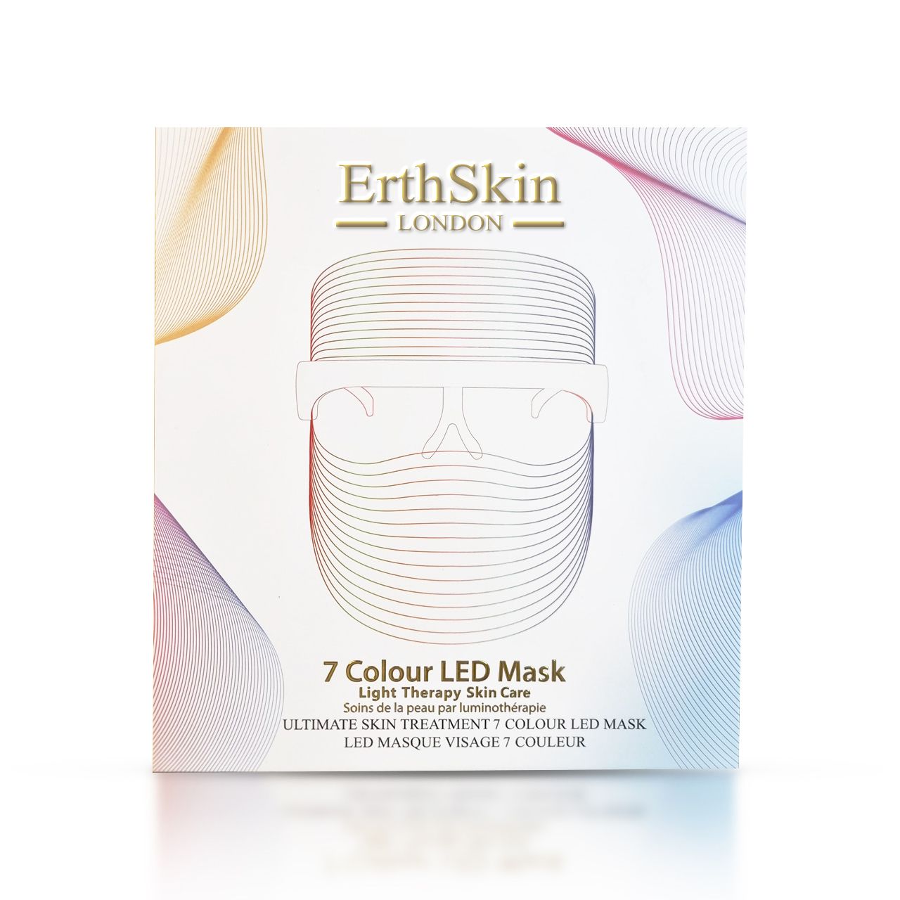 Emballage carré avec masque LED. Inscription: ErthSkin London, 7 Colour LED Mask. Illustration du masque.
