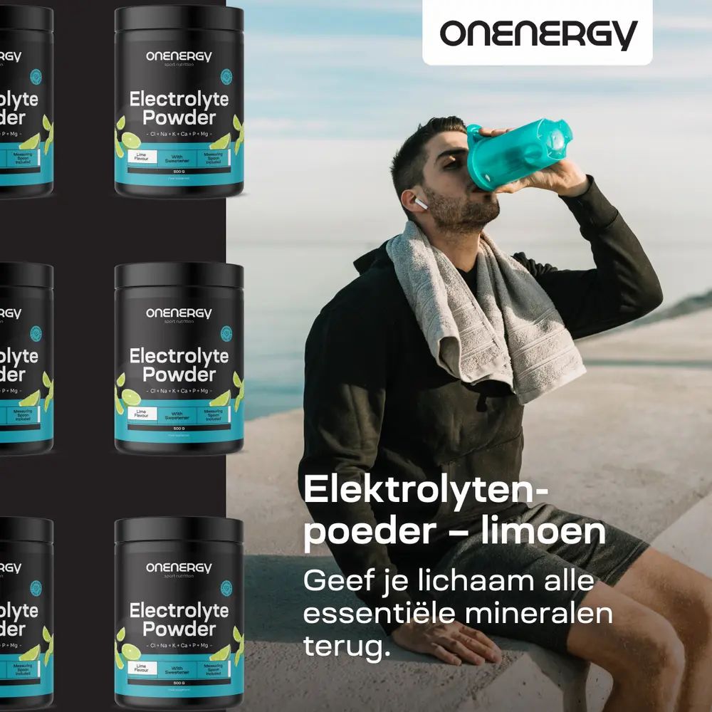 Man drinkt. Meerdere potten "ONENERGY Electrolyte Powder". Tekst: Elektrolytenpoeder – limoen. 500 g.