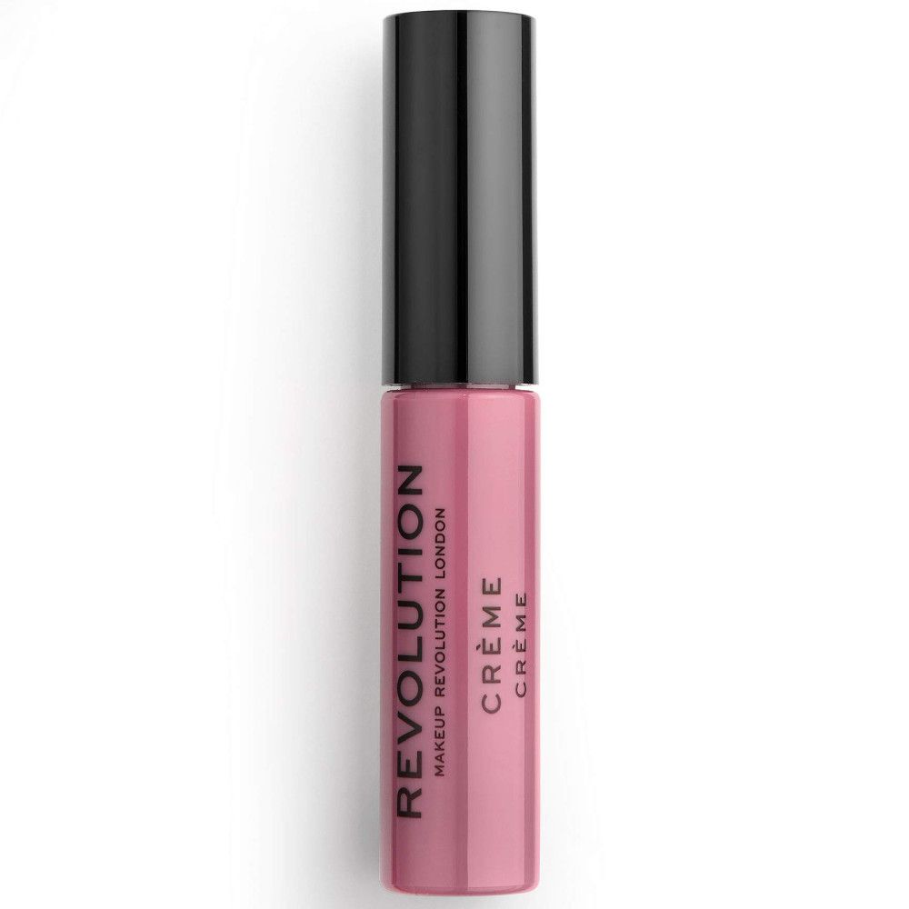 Flacon de rouge à lèvres fermé. Rouge à lèvres crème rose. Bouchon noir. Texte: REVOLUTION, CRÈME.