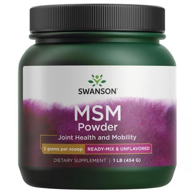 Pot vert avec couvercle noir. Inscription: SWANSON MSM Powder, Joint Health and Mobility. 1 LB (454 G).
