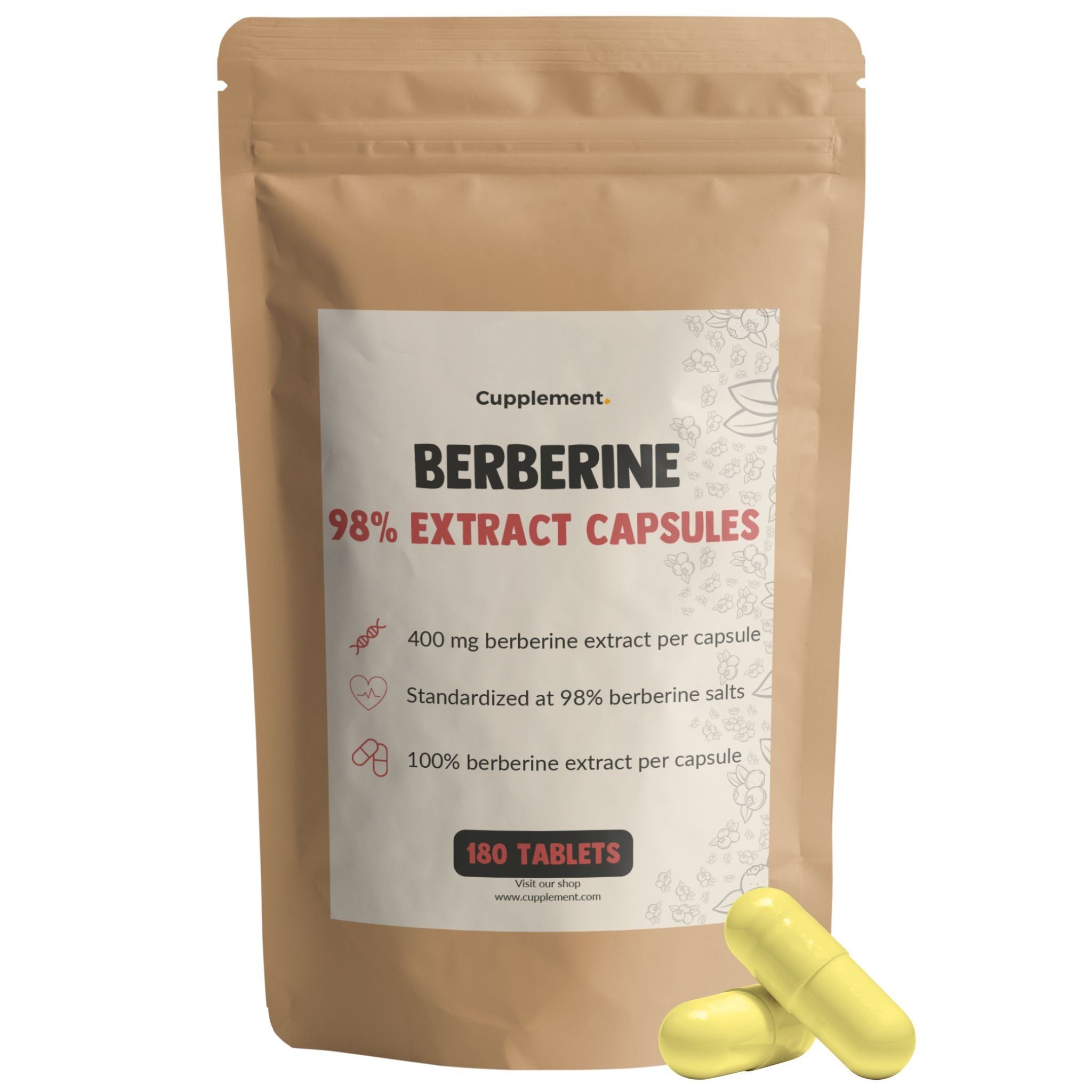 Zakje Cupplement Berberine capsules. 180 tabletten. Gele capsules ernaast.
