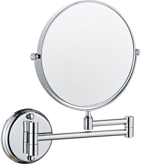 Miroir cosmétique chromé mural avec bras pivotant.