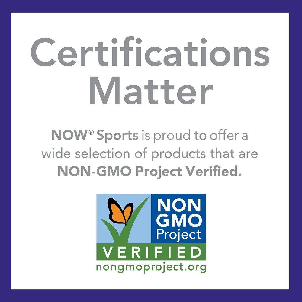 Carré avec texte : Certifications Matter. Logo : NON GMO Project VERIFIED. Texte : NOW® Sports propose des produits NON-OGM.