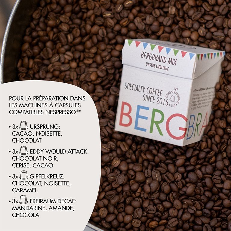Emballage de mélange de capsules de café sur grains de café. Texte : BERGBRAND, Specialty Coffee, depuis 2015, nos préférés.
