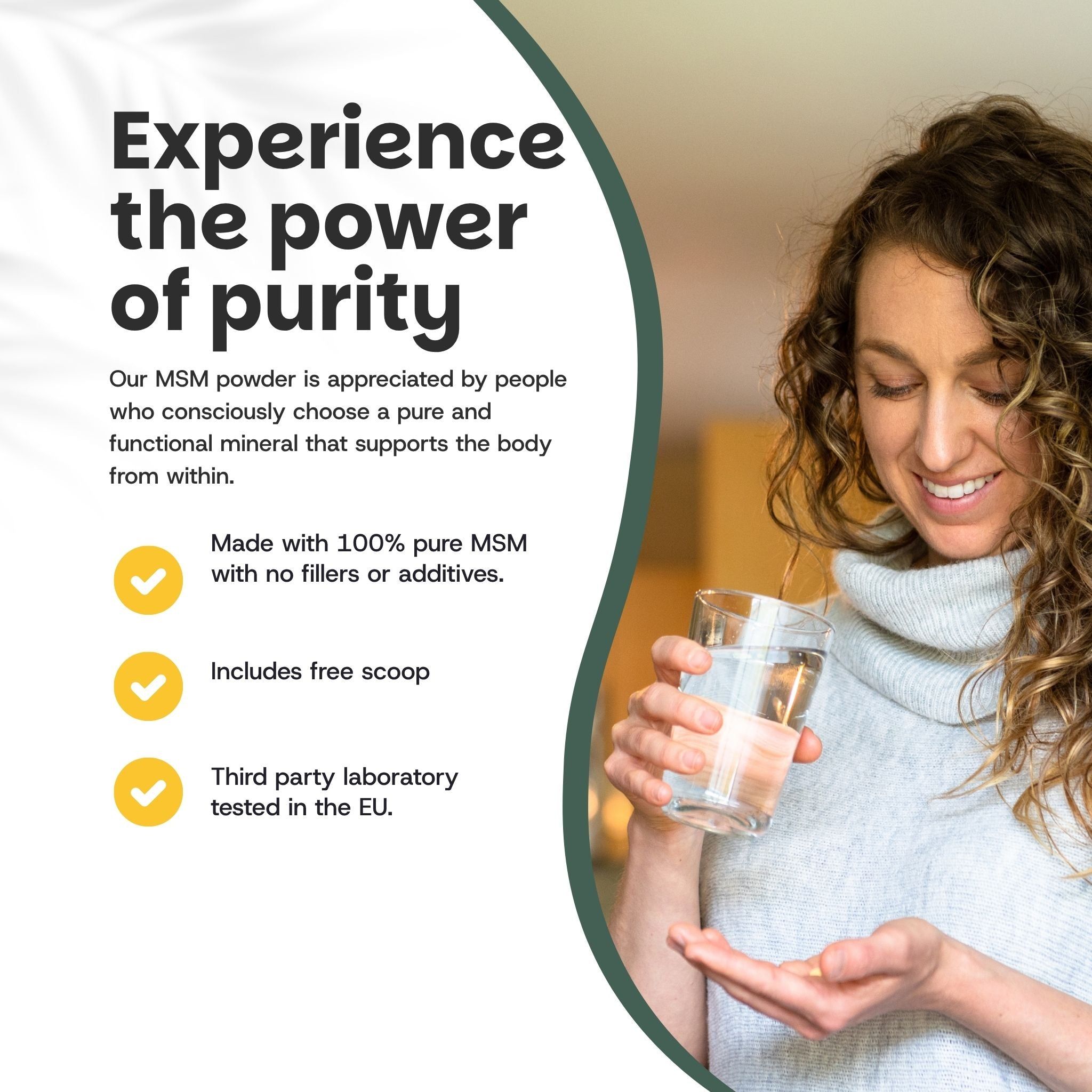 Femme tenant un verre avec du liquide et de la poudre de MSM. Texte : MSM pur à 100 %, sans additifs, testé en laboratoire.