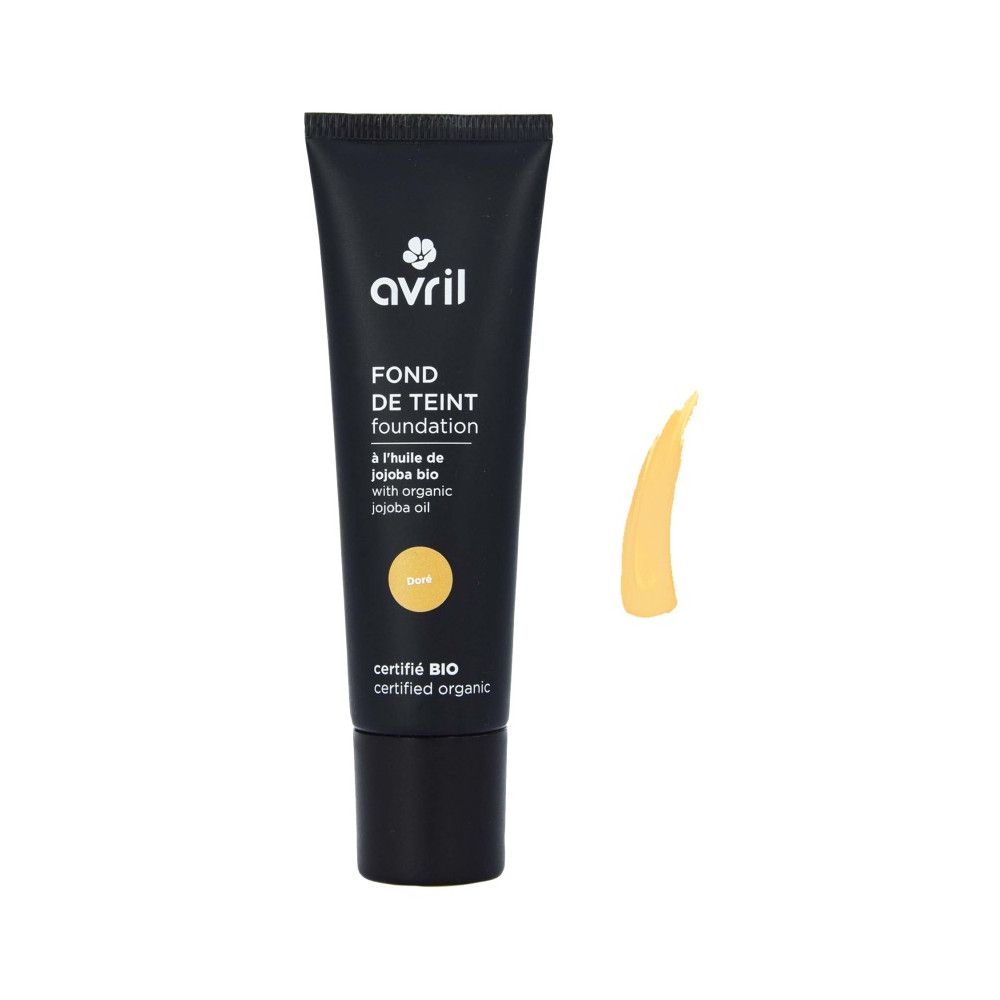 Foundation tube met gele tint en kleurstalen ernaast. Opschrift: Avril, gecertificeerd Bio.