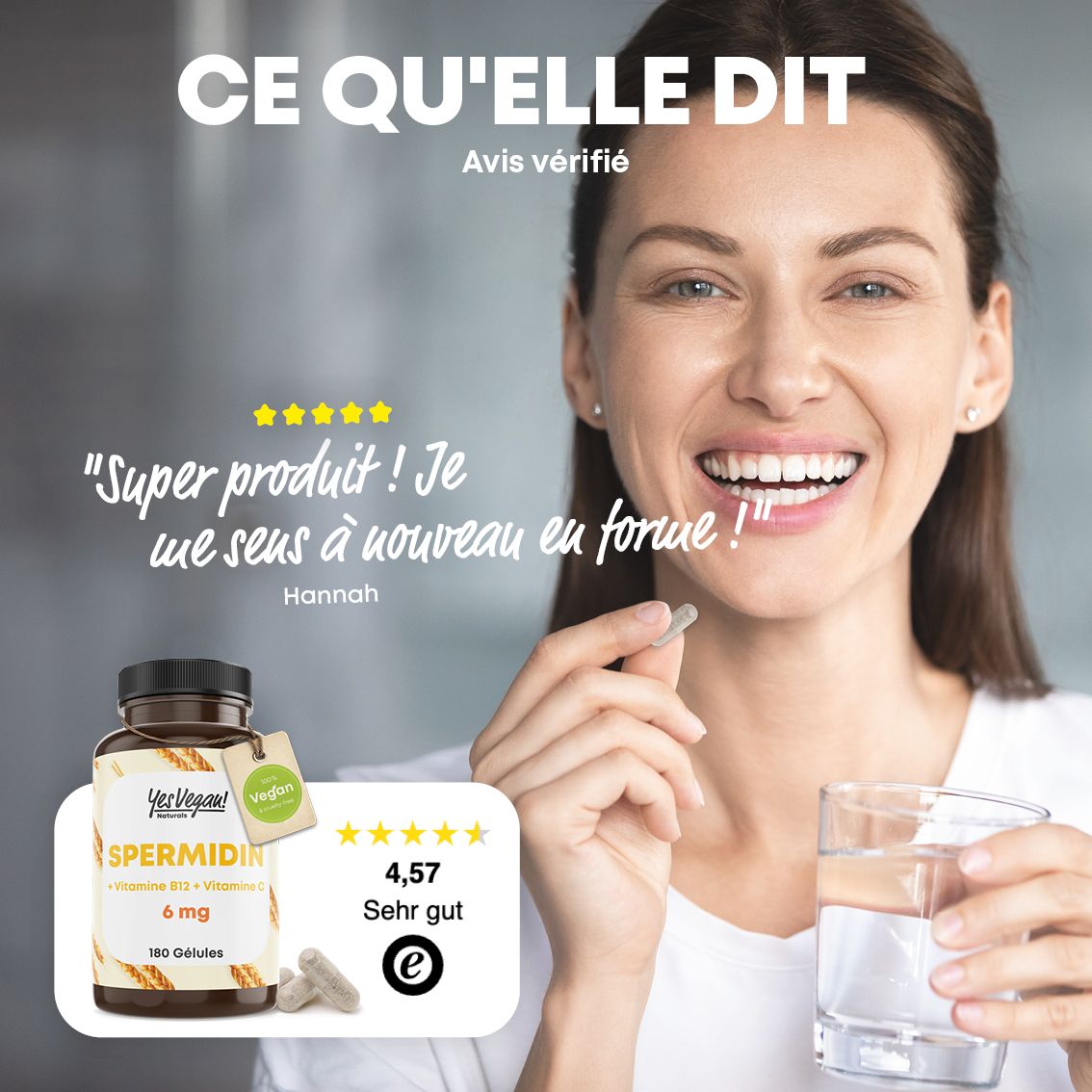 Bouteille avec étiquette montrant Spermidine, Vitamine B12 et C. Avec sceau vegan et 180 gélules.