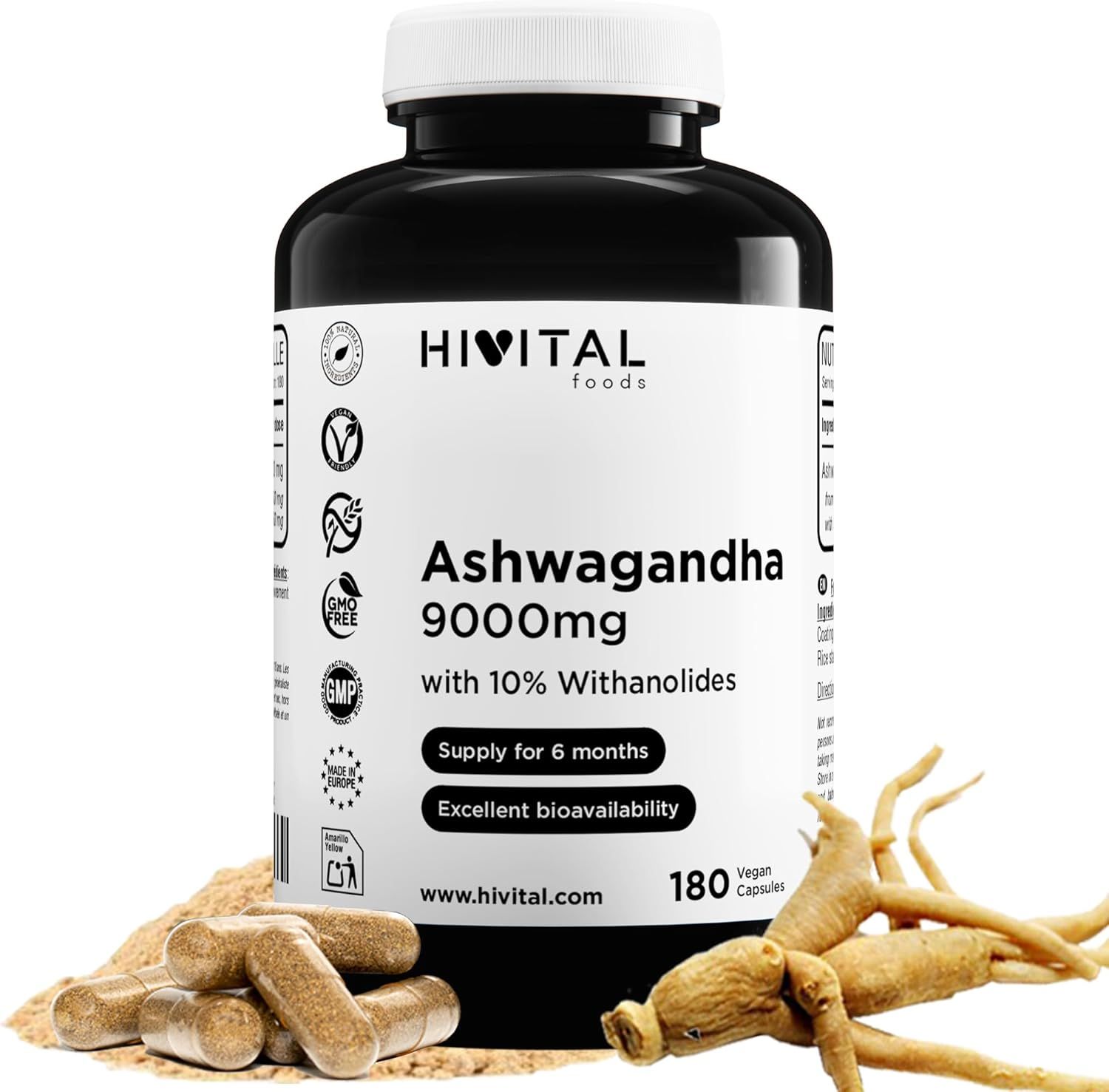 Zwarte fles met witte capsules. Opschrift: HIVITAL Ashwagandha 9000mg, 180 capsules. Vegan, voorraad voor 6 maanden. Met wortels.