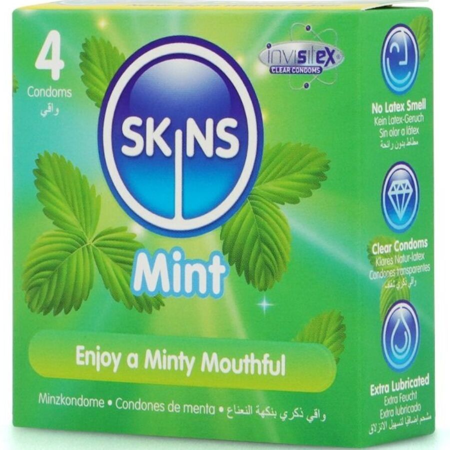Boîte de 4 préservatifs SKINS Mint. Design vert et bleu avec feuilles de menthe. Inscription : Enjoy a Minty Mouthful.