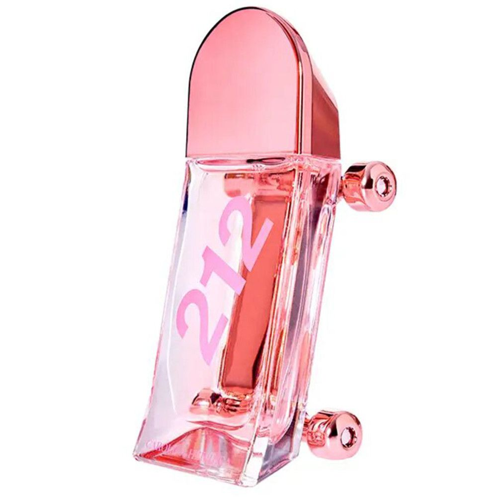 Roze fles in skateboardvorm. Opschrift "212". Metalen wielen. Transparante houder.