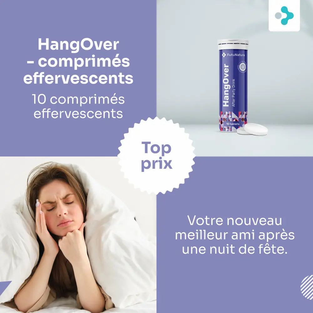 Image publicitaire avec comprimés effervescents "HangOver". Femme sous une couverture. Texte: "Top prix". "Votre nouveau meilleur ami après une nuit de fête".