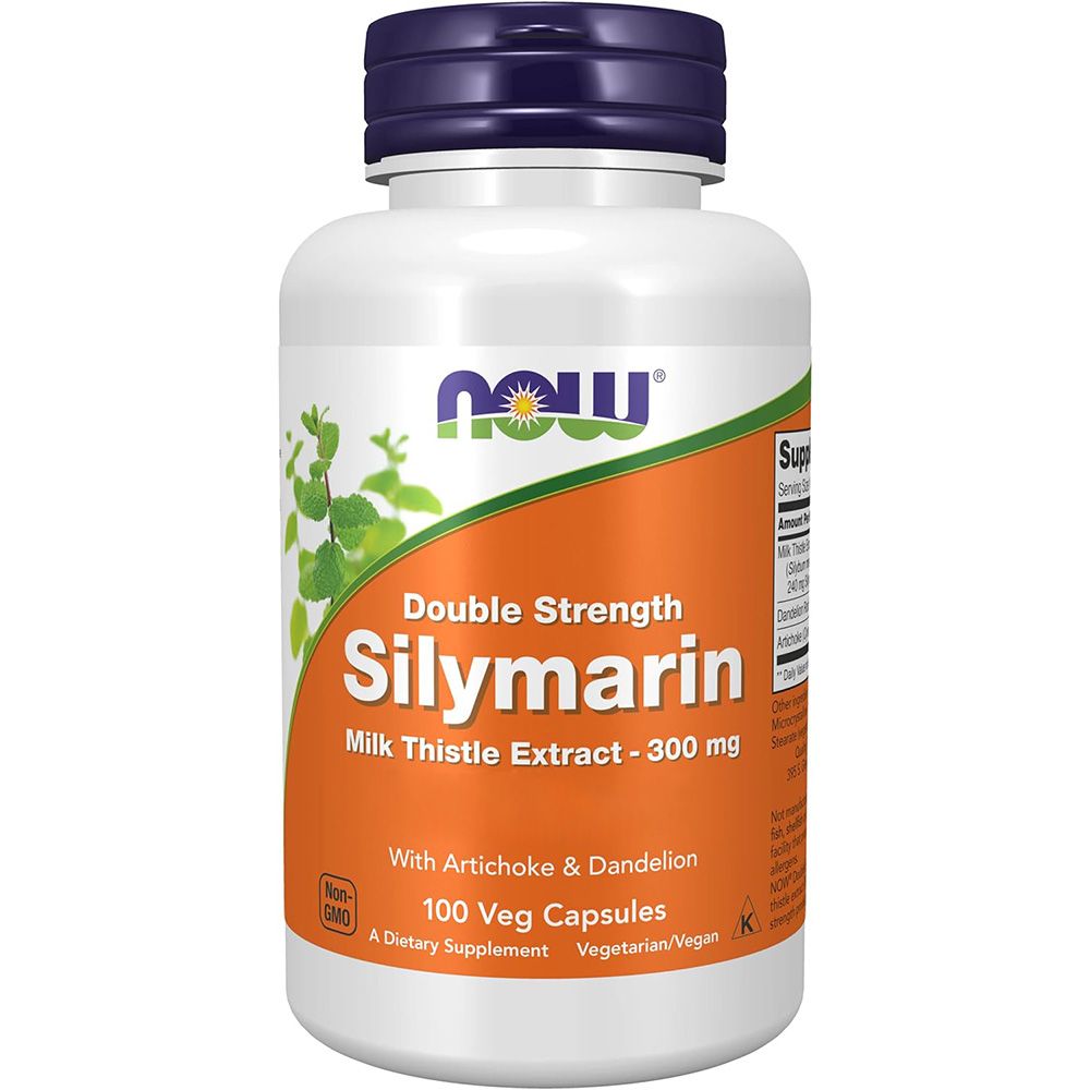 Flacon blanc, bouchon bleu. Étiquette orange avec "Double Strength Silymarin", 300mg. 100 Veg Capsules. Vegan.
