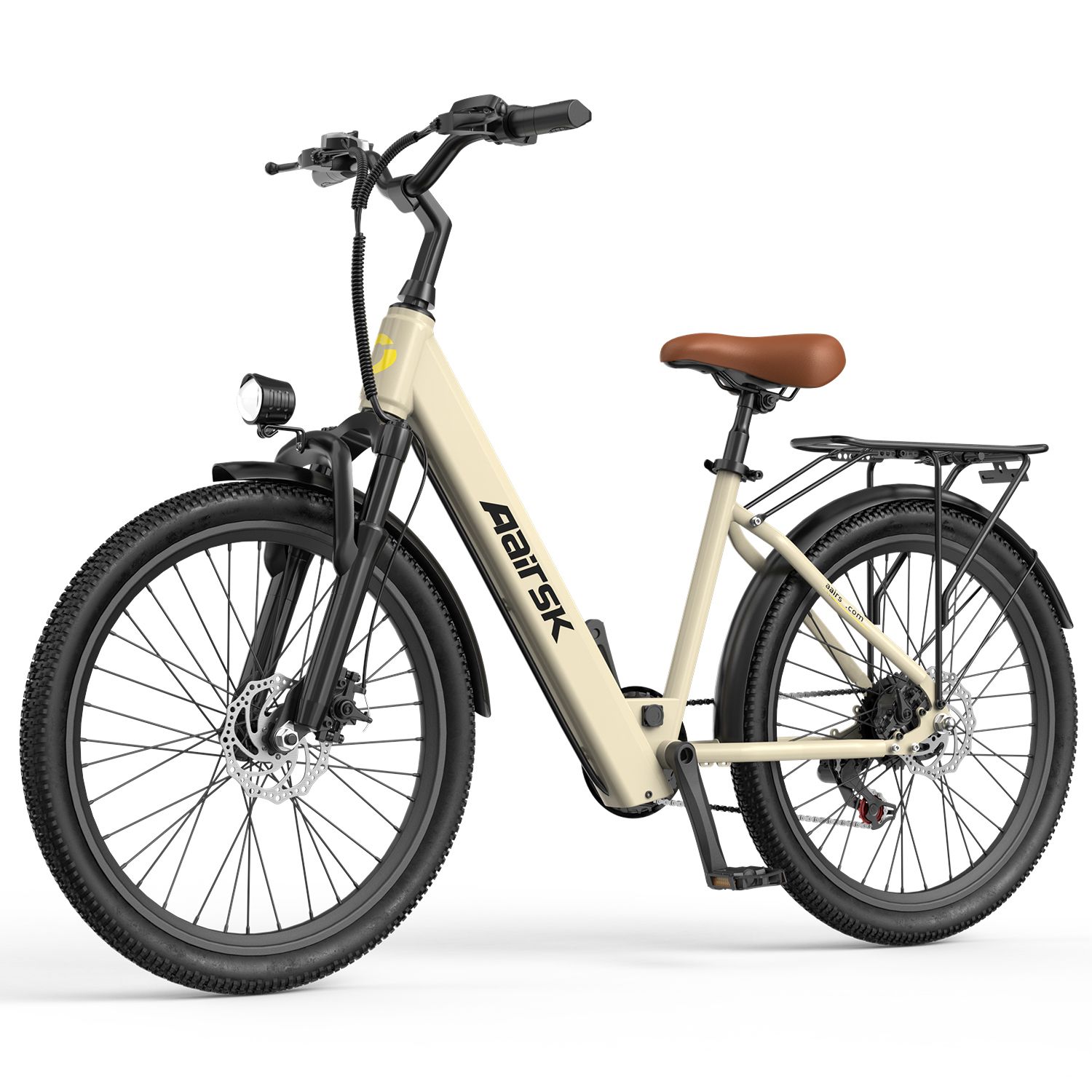 Vélo électrique beige avec cadre noir, selle marron et phare avant. Marque Aairsk.