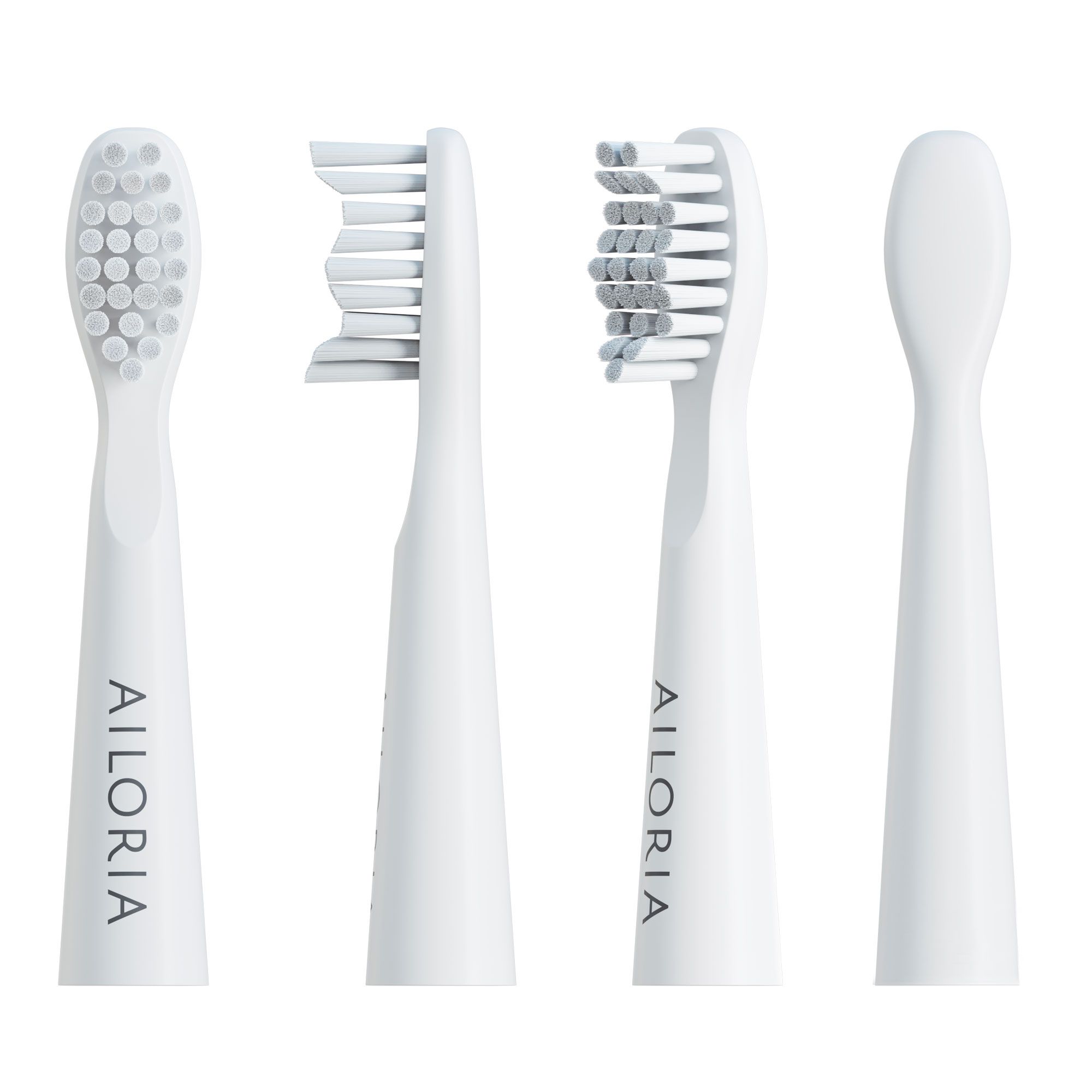Quatre vues d'une tête de brosse à dents blanche. Logo AILORIA. Détails des soies et de la forme.