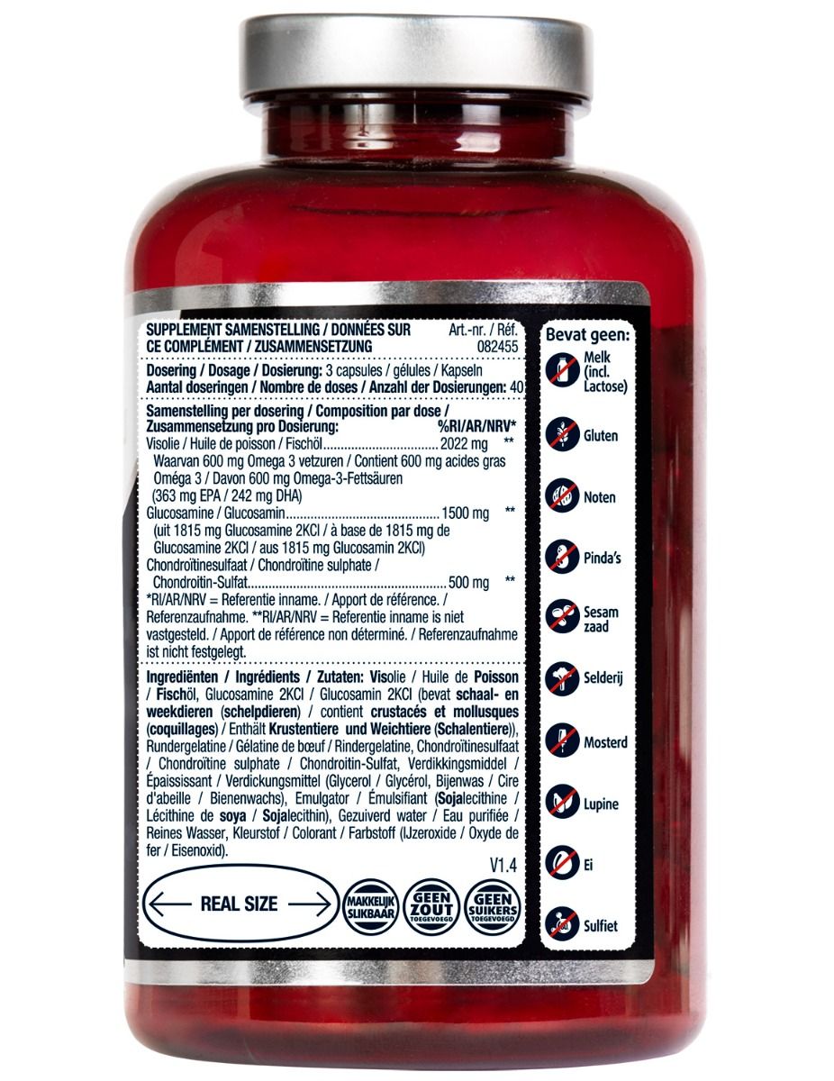 Achterkant fles. Tekst: ingrediënten, dosering, voedingswaarde. Bevat geen: gluten, noten, etc. V1.4.
