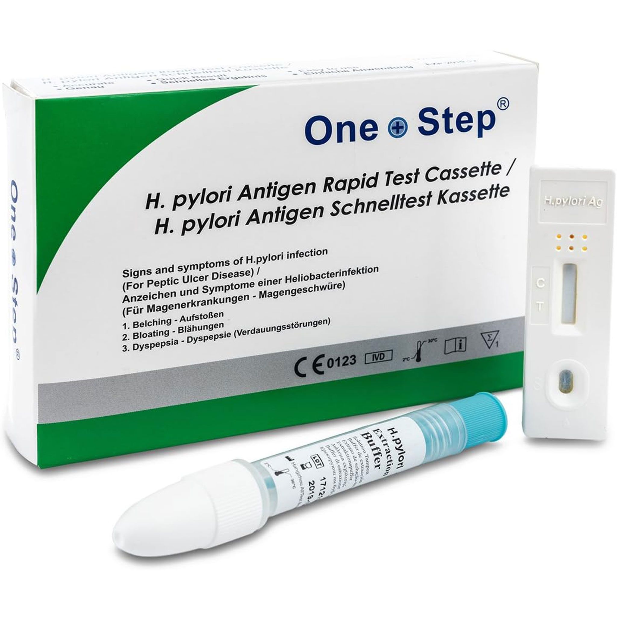 Testkit met verpakking, testcassette en bufferoplossing. Opschrift: One Step, H. pylori sneltest. CE-markering.