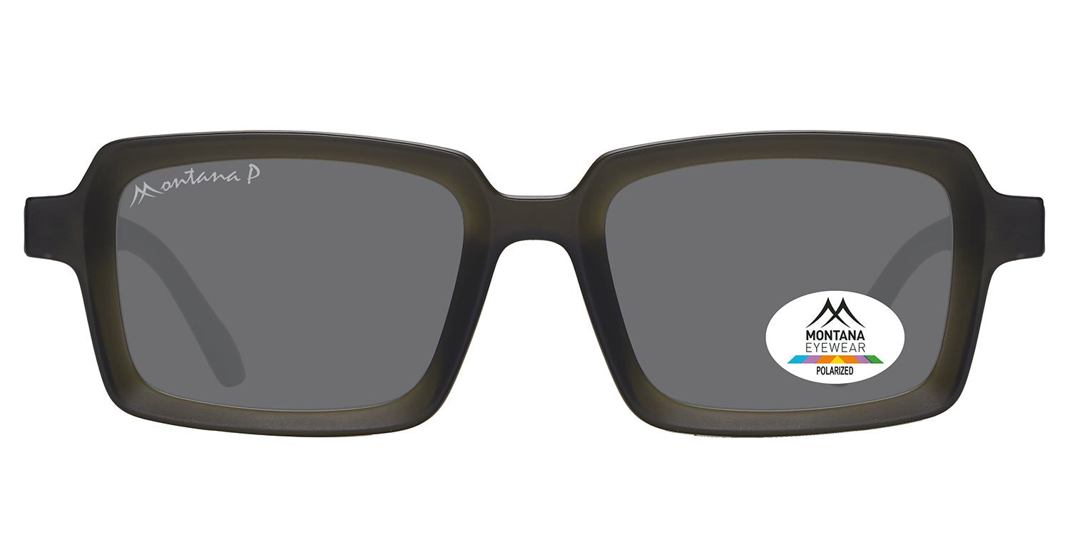 Lunettes de soleil gris foncé à verres carrés. Logo Montana Eyewear et autocollant Polarized. Branches avec logo.