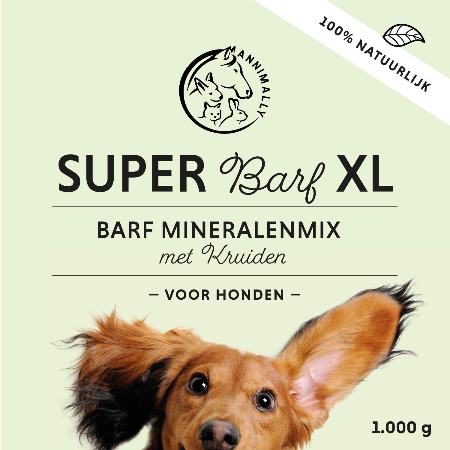 Hond in het bos. Tekst: Evenwichtige aanvoer van vitaminen, mineralen, sporenelementen, vezels & aminozuren.
